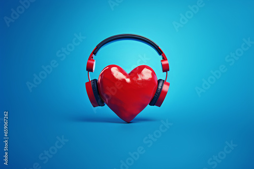 Red color headphones on an empty blue background, symbolize passion for music.