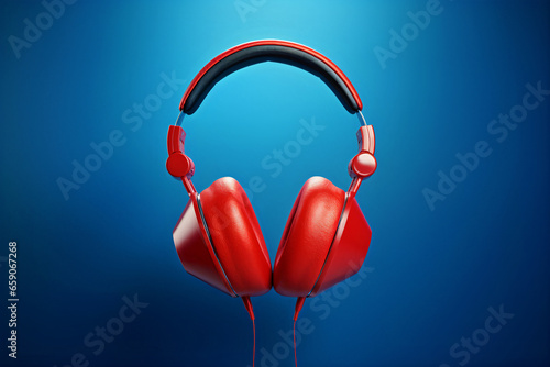 Red color headphones on an empty blue background, symbolize passion for music.