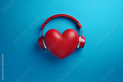 Red color headphones on an empty blue background, symbolize passion for music.