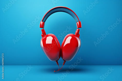 Red color headphones on an empty blue background, symbolize passion for music.