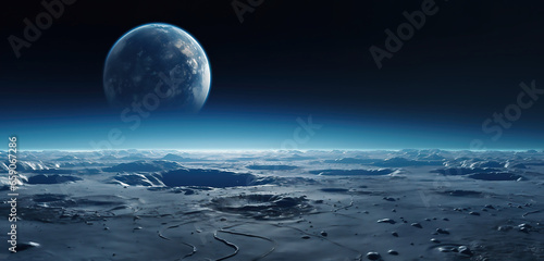 Earth globe, blue planet on dark background. View of the planet looming from the moon's surface. Generative artificial intelligence