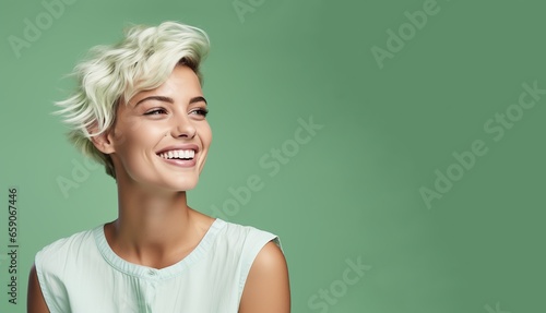 Portrait of young happy woman. Skin care beauty, skincare cosmetics, dental concept isolated over light green background.