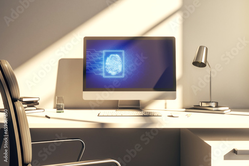 Computer monitor with abstract creative fingerprint illustration, personal biometric data concept. 3D Rendering