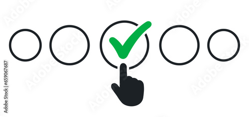 Checklist survey, hand chooses check mark on checklist, filling online form or answering questions, online survey, evaluation - stock vector