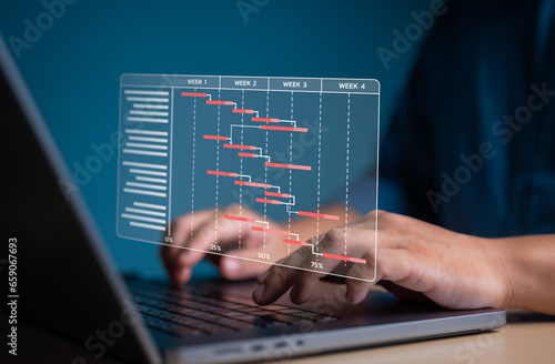 Project management concept. Site manager working with Gantt chart schedule for plan tasks and progress by Planning software. Corporate strategy for construction, finance, operations, and marketing.