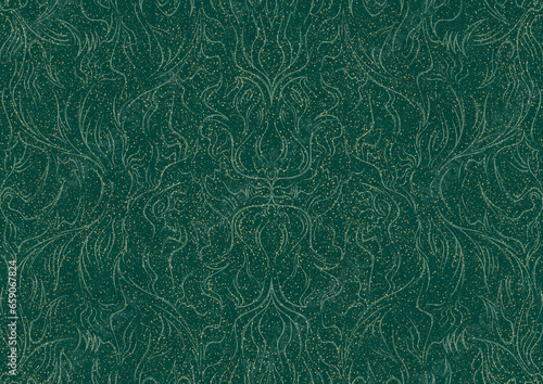 Hand-drawn unique abstract seamless ornament. Light green on a darker cold green background, with splatters of golden glitter. Paper texture. Digital artwork, A4. (pattern: p11-1a)