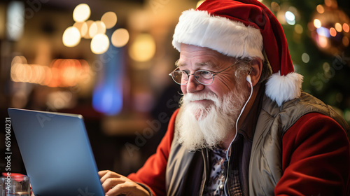 Santa Claus wishes Merry Christmas via a laptop.