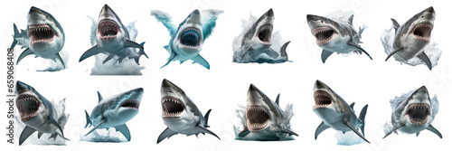 Collection of fierce white sharks on transparent background PNG. Underwater life concept.