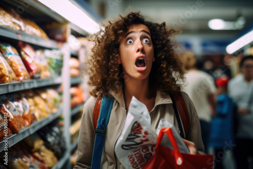 A shopper with a shocked expression while looking at price tags, conveying the surprise of high prices. photo