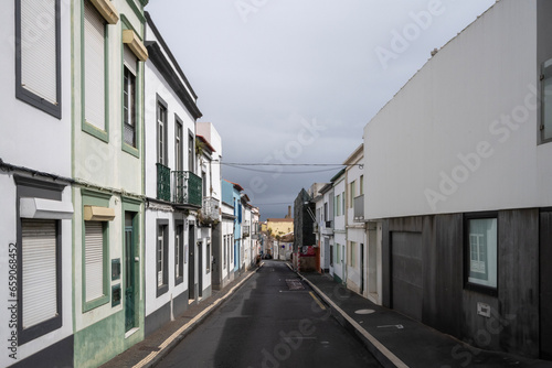 Facade of buildings in Ponta Delgada on the Island of Sao Miguel in the Azore