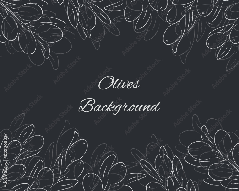 Charcoal white olives on black background. Olive fruit background, for website, background, wallpaper. Vector illustration