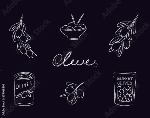 Charcoal olives set isolated on a dark blue background, Canned olives, buffet olives, olive branches, and olives on a plate.