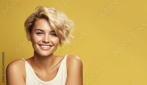 Portrait of young happy woman. Skin care beauty  skincare cosmetics  dental concept isolated over yellow background. 
