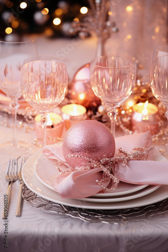 Luxury vertical Christmas table setting with sparkling decorations, candles and pink baubles