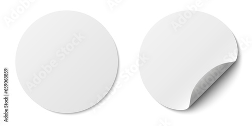 Circle adhesive symbols. White tags, paper round stickers with peeling corner and shadow, isolated rounded plastic mockup, realistic two round paper adhesive sticker mockup with curved corner