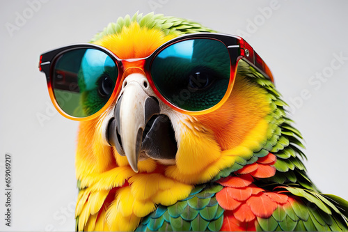  Funny adorable cute lovely parrot wearing sunglasses studio portrait on isolated background. Domestic bird portrait.
