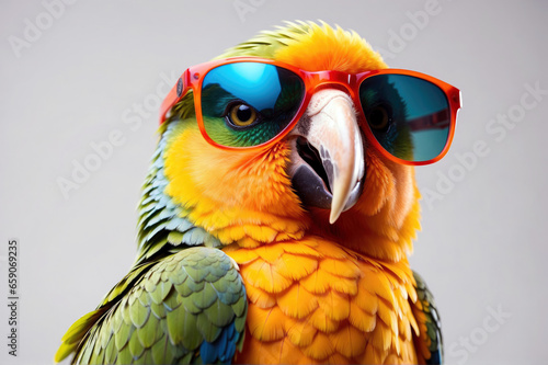  Funny adorable cute lovely parrot wearing sunglasses studio portrait on isolated background. Domestic bird portrait.