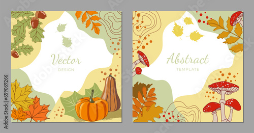 Set of abstract templates background with acorns, pumpkins, red fly agaric mushrooms and autumn leaves. Autumn vector background for social media post, card, cover, banner, invitation, poster