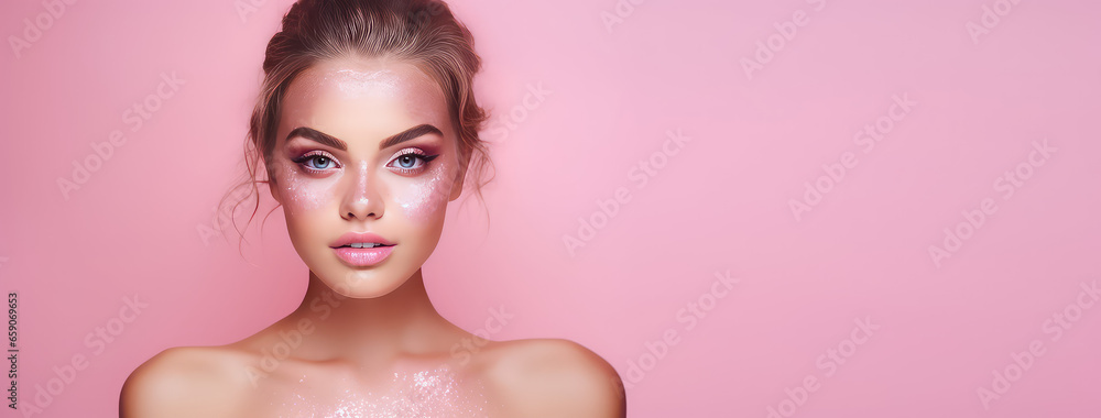 Beautiful young woman in glitter isolated on flat pink background with copy space. Shiny cosmetic glitter for skin, party and fashion event.  - obrazy, fototapety, plakaty 