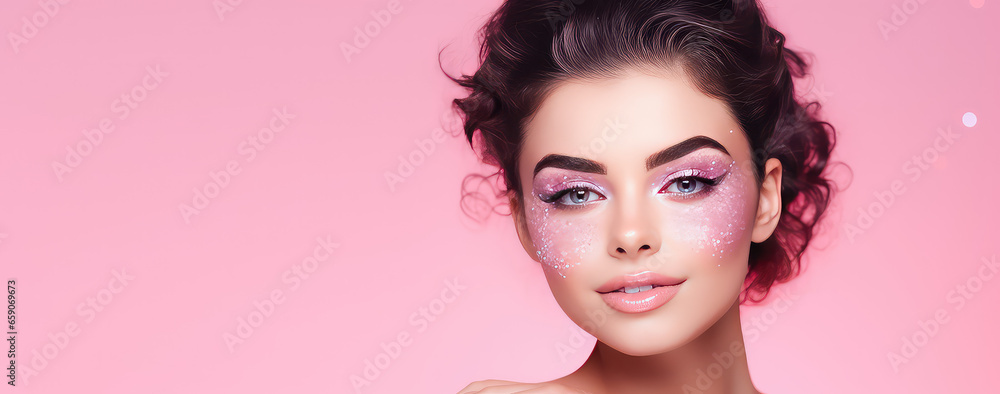 Beautiful young woman in glitter isolated on flat pink background with copy space. Shiny cosmetic glitter for skin, party and fashion event. 