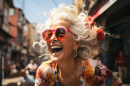 Portrait of a happy senior woman in sunglasses outdoors