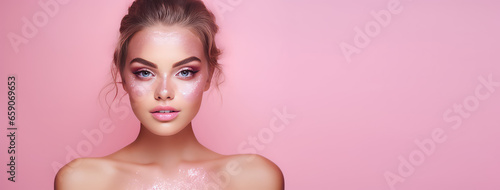 Beautiful young woman in glitter isolated on flat pink background with copy space. Shiny cosmetic glitter for skin, party and fashion event.  photo