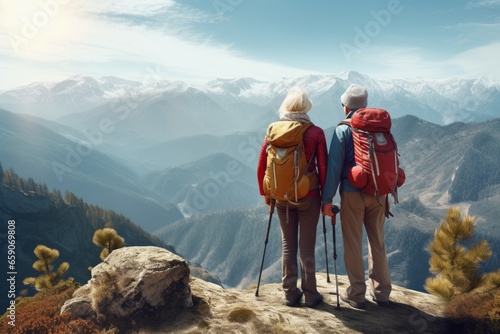 A mature man and a woman with hiking backpacks admire the mountain landscape. Active travelers in adulthood.