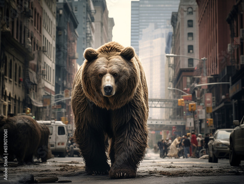 A Photo of a Bear on the Street of a Major City During the Day