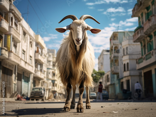 A Photo of a Goat on the Street of a Major City During the Day photo