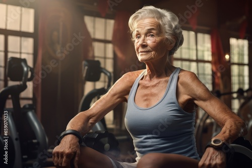 An elderly fit woman does sports in the gym.
