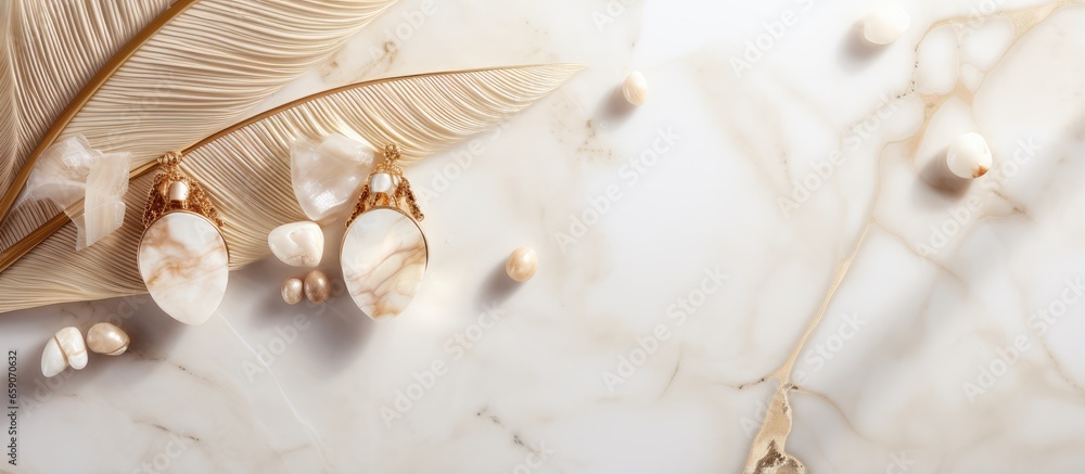 Minimal fashion composition with golden earrings on marble table with mirror and wheat stalks Flat lay top view bijouterie concept on mosaic tile background - obrazy, fototapety, plakaty 