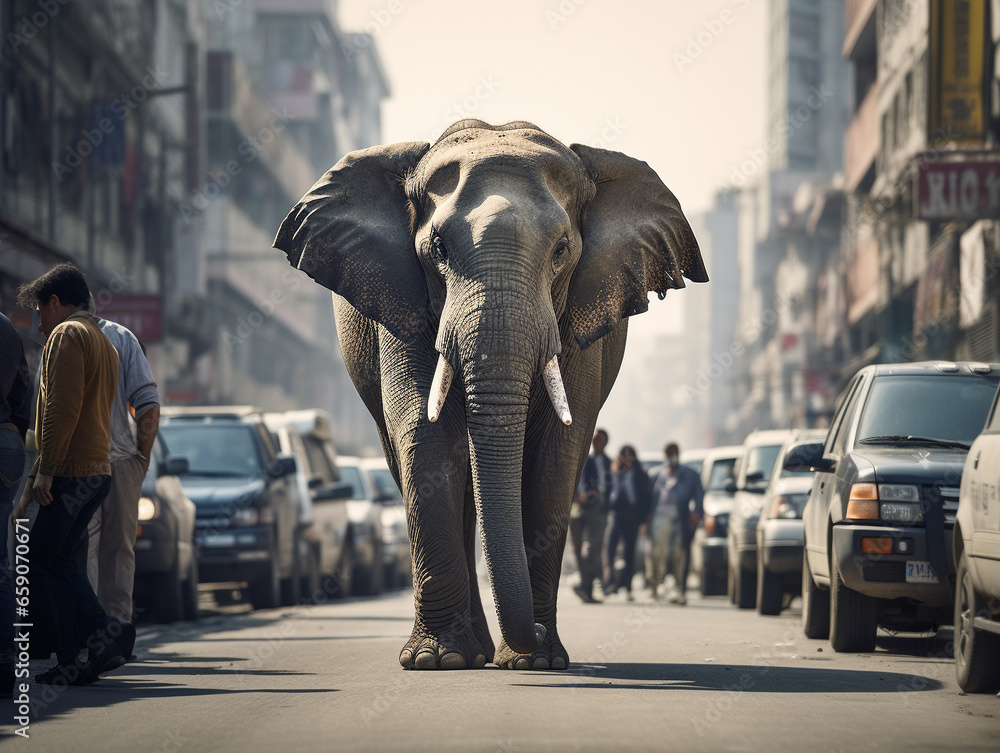 A Photo of an Elephant on the Street of a Major City During the Day