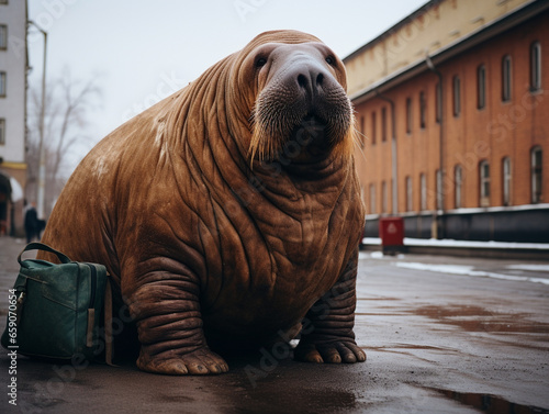 A Photo of a Walrus on the Street of a Major City During the Day