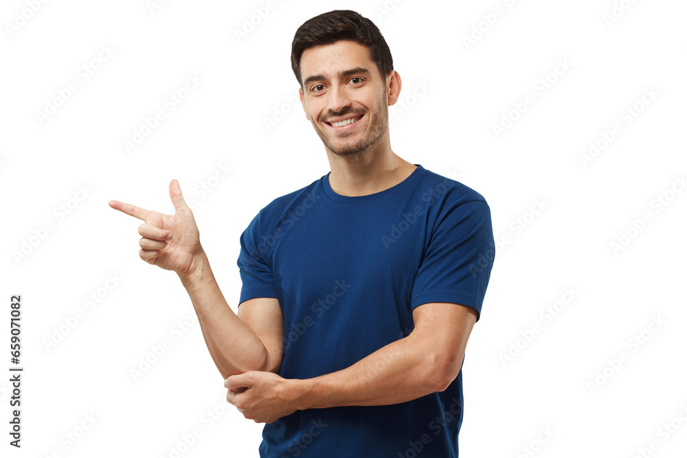 Handsome man in blue t-shirt pointing left with finger - obrazy, fototapety, plakaty 