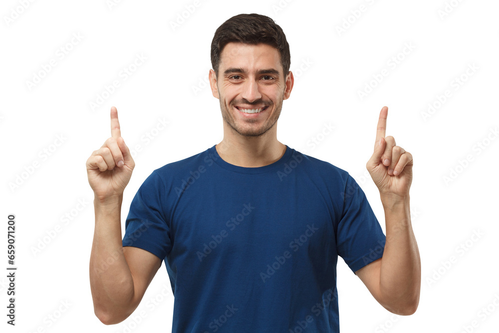 Smiling young man in blue t-shirt pointing up with both hands Smiling young man in blue t-shirt pointing up with both hands
