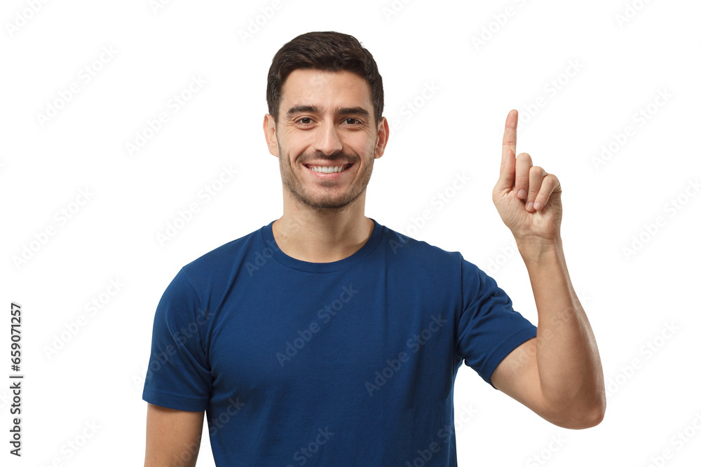 Happy young man in blue t-shirt pointing up with his finger Happy young man in blue t-shirt pointing up with his finger
