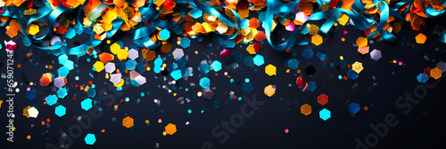 coloured confetti and streamers as a white New Year's background. AI generativ. photo