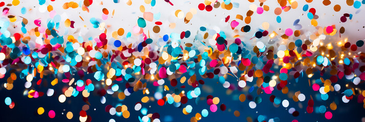 coloured confetti and streamers as a white New Year's background. AI generativ.
