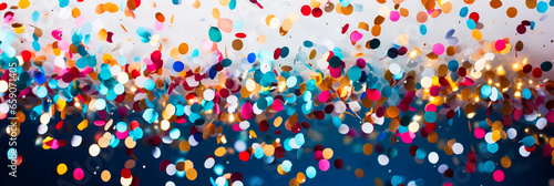coloured confetti and streamers as a white New Year's background. AI generativ.