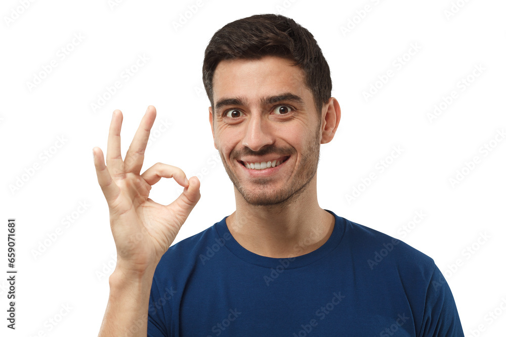 Young man showing OK or okay gesture with fingers of one hand Young man showing OK or okay gesture with fingers of one hand