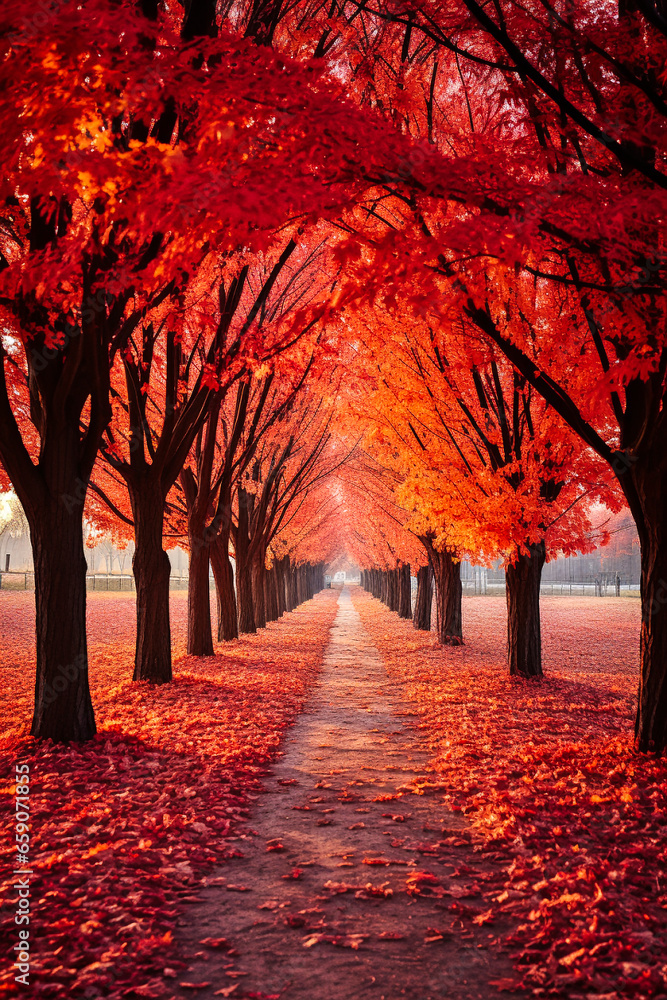 autumn avenue full of fallen coloured leaves. AI generative.
