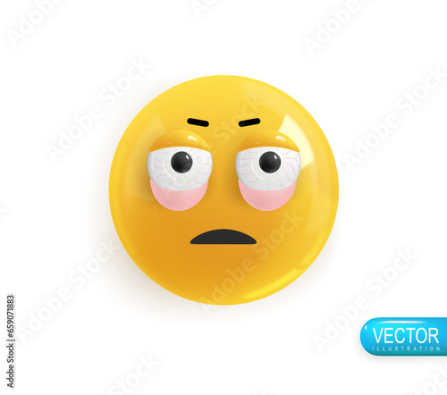 Emoji face with puffy eyes from fatigue. Realistic 3d design. Emoticon yellow glossy color. Icon in plastic cartoon style isolated on white background. Vector illustration