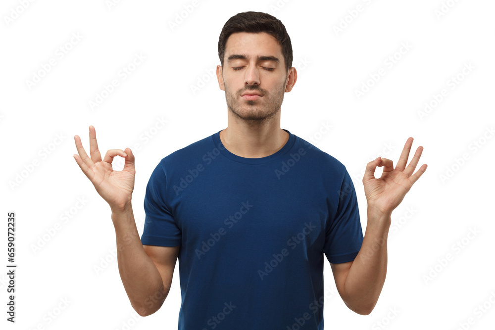 Concentrated relaxed man in blue t-shirt with closed eyes, having relaxation while meditating, trying to find balance Concentrated relaxed man in blue t-shirt with closed eyes, having relaxation while meditating, trying to find balance