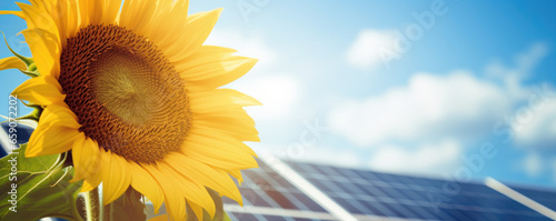 Close-up of a sunflower with solar panels in the background against the sky with copyspace for text. Clean renewable energy farming concept and green alternative power generation. photo