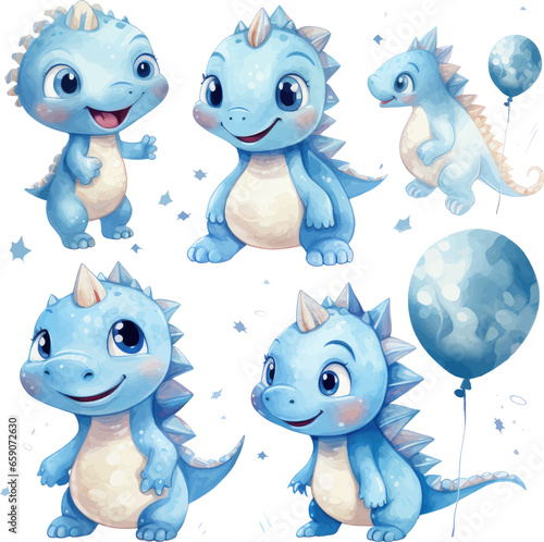 Happy baby blue dinosaur clipart watercolor
