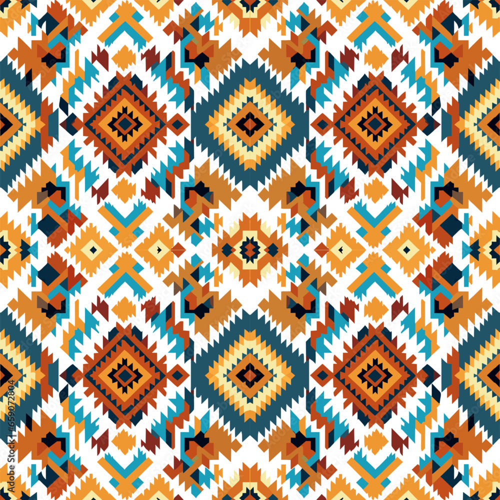 Ethnic abstract ikat pattern. Seamless pattern in tribal, folk embroidery, Mexican style. Aztec geometric art ornament print.Design for carpet, wallpaper, clothing, wrapping, fabric, cover, textile - obrazy, fototapety, plakaty 