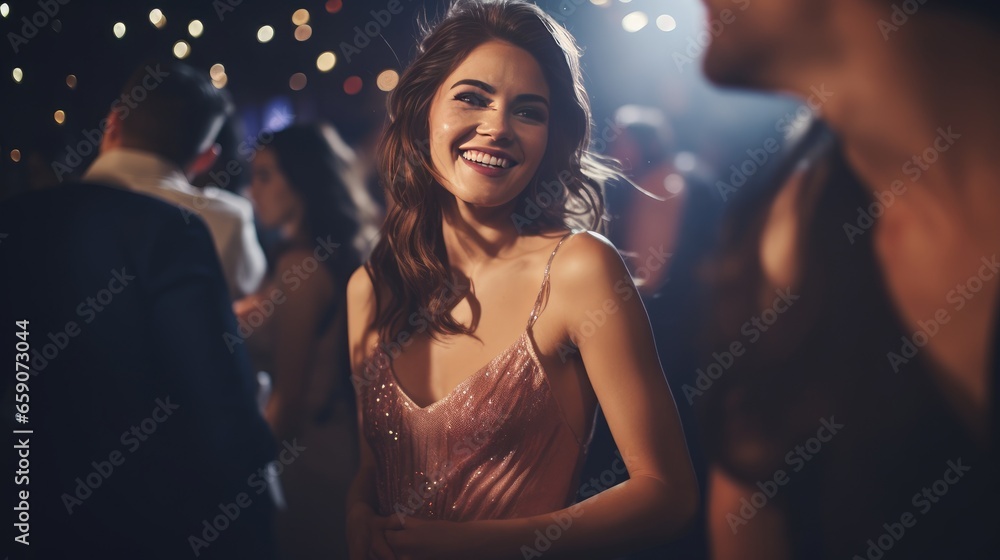 Attractive women laughing while dancing with their friends. Group dancing at celebration party in nightclub.