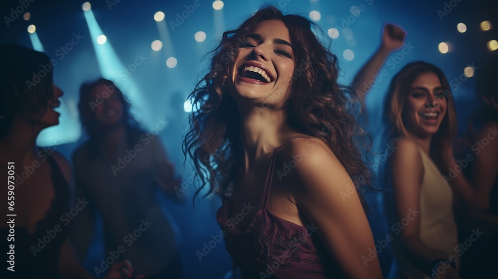 Attractive women laughing while dancing with their friends. Group dancing at celebration party in nightclub.