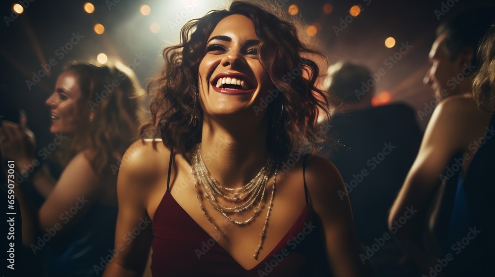 Attractive women laughing while dancing with their friends. Group dancing at celebration party in nightclub. Happy new year, 2024 - obrazy, fototapety, plakaty 