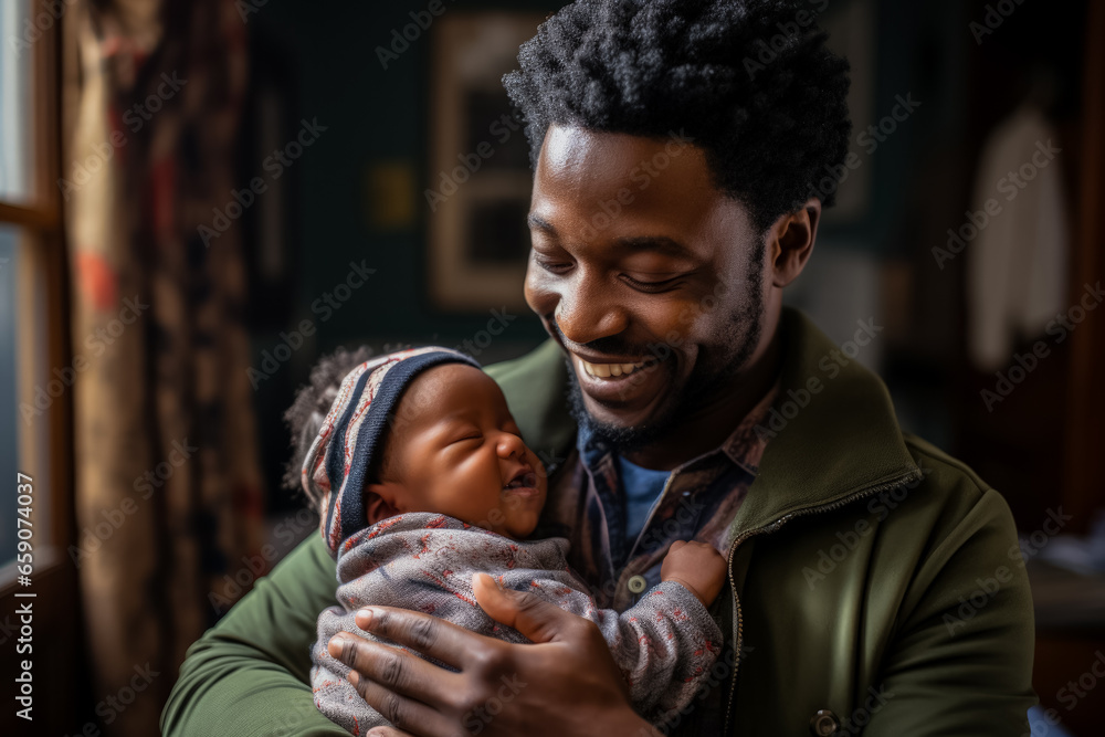 African father cherishing moment with newborn baby in their home  - obrazy, fototapety, plakaty 